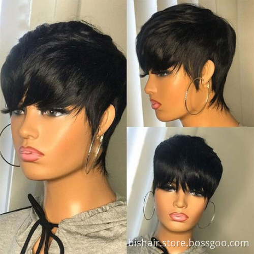 Wholesale Short Pixie Cut With Fringe Wig Straight Remy Brazilian Human Hair Wigs For Women Full Machine Made Cheap Glueless Wig